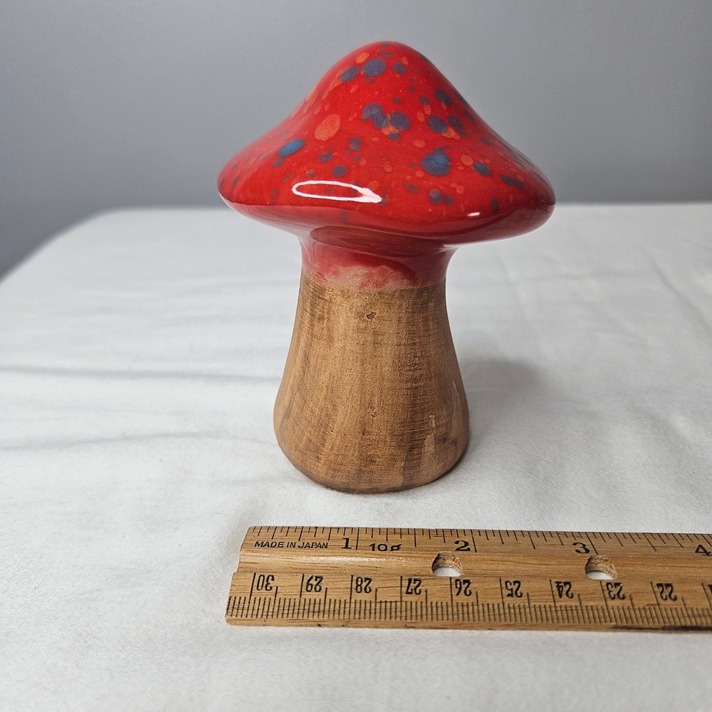 Vintage Red Speckled Ceramic Mushroom Figurine Glazed Toadstool Decor 3.5"